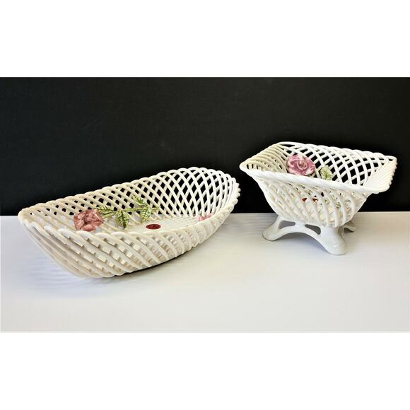 Set/2 Baronia Oval Square Flower Bowls Poland Polish Open Lattice Ceramic Rose - Picture 2 of 10